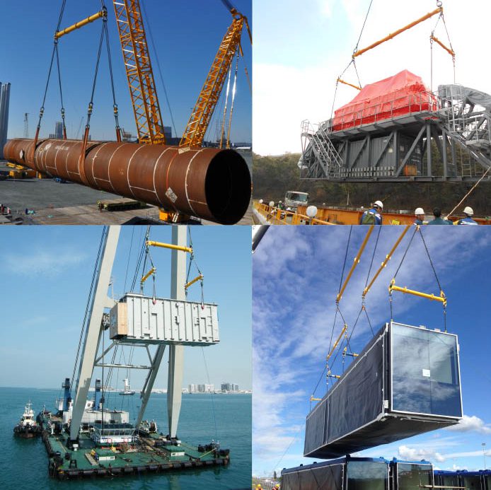 four picture collage of cranes lifting using modulift spreader beams